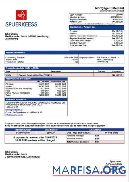 Blank Luxembourg Spuerkeess Bank mortgage statement Word and PDF template